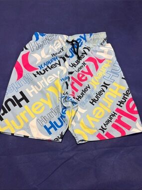 Hurley Light Blue Swim Shorts with Multicolor Logo Print